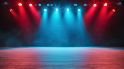 Poster - a vibrant, empty stage illuminated with red and blue spotlights, ready for a performance or event. t