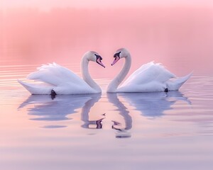 Canvas Print - Gracefully Swans Swimming in Serene Pastel Hued Lake at Sunset with Tranquil Reflection