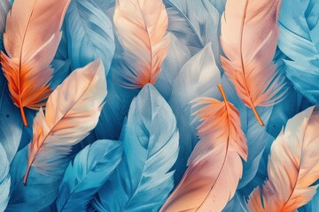 Poster - Vibrant scene of soft blue and pink feathers creatively arranged, creating a visually appealing and calming abstract composition.