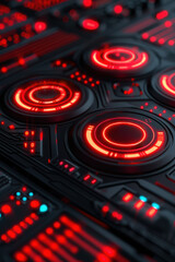 Poster - A futuristic control panel illuminated with red neon lights, showcasing a high-tech, sci-fi interface with intricate details in a dark environment.