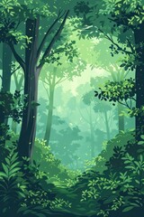  Lush green forest with dense foliage and towering trees, bathed in soft light creating a serene and magical atmosphere