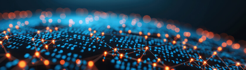 Poster - close-up of a digital network with glowing nodes and connections, illustrating technology, data, and