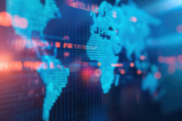Poster - Blurred digital world map with glowing data points, representing global connectivity, information exchange, and technology in a futuristic style.