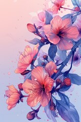Poster - elegant illustration of vibrant pink and purple flowers with delicate water droplets set against a g