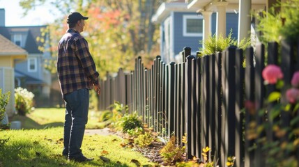 A man stands by a beautiful fence in a vibrant garden, enjoying the serene atmosphere of a sunny day in a quiet neighborhood.