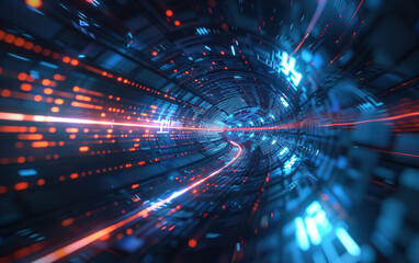 Poster - Futuristic digital data tunnel with glowing lights and intricate patterns, representing advanced technology, communication, and innovation.