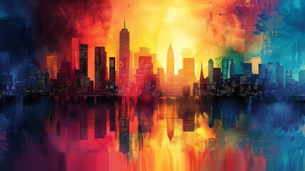 Abstract cityscape silhouette with vibrant colors and dynamic patterns