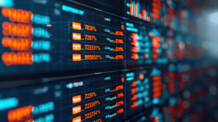 Poster - Close-up of digital stock market data with numbers and graphs displayed on a screen, indicating financial trading activity and market analysis.
