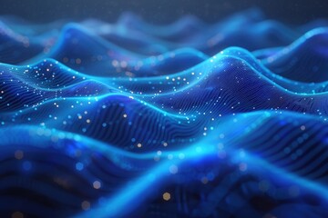 Poster - abstract glowing blue wave pattern with digital particles. futuristic technology background with lig