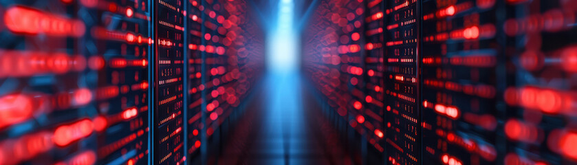 Poster - Futuristic data center with glowing red LED lights along server racks, representing advanced technology and high-speed data processing.