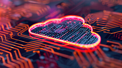 Poster - Close-up of a glowing cloud icon on a circuit board, representing cloud computing, data transfer, and advanced technology in a digital landscape.