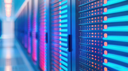 Poster - Modern data center with glowing blue and red lights on server racks, depicting advanced technology and secure cloud storage solutions.