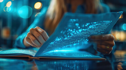 Poster - Person holding futuristic transparent digital screen, representing advanced technology, innovation, and data analysis in a modern setting.