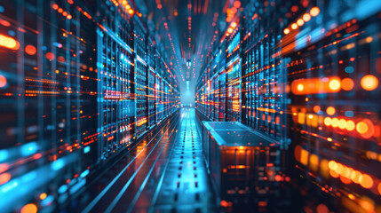 Poster - Dynamic visualization of a data center with vibrant lights, depicting advanced technology, networking, and digital communication infrastructure.