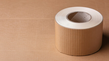Poster - A roll of brown corrugated cardboard tape on a matching cardboard background, perfect for packaging, shipping, and storage needs.