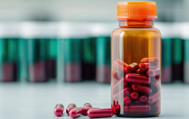 Closeup of an orange pill bottle filled with red capsules against a blurred background of other bottles, representing medicine and healthcare.