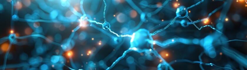 Poster - Abstract digital rendering of a neural network, showcasing interconnected nodes and synapses illuminated by vibrant, glowing blue and orange lights.