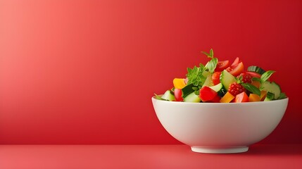 A fresh and colorful salad in a white bowl against a red background. The salad is made with a variety of vegetables, making it a healthy and appetizing meal.