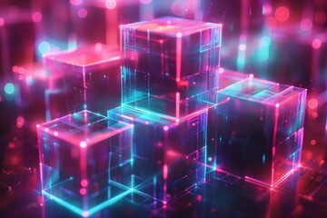 Poster - Futuristic neon glowing cubes in a digital landscape, showcasing abstract technology and innovation with vibrant lights and geometric shapes.