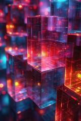 Poster - Futuristic digital architecture showcasing vibrant, illuminated  blocks representing advanced technology and interconnected data concepts.