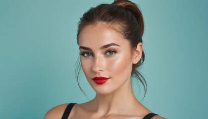 Portrait of a beautiful brunette woman with pinned up hair, red lips and green eyes on isolated blue background, studio shot.