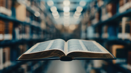 Open book floating in the library aisle amidst bookshelves, symbolizing limitless knowledge, discovery, and the magic of reading and literature.