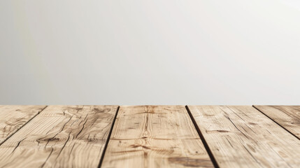 Poster - Rustic wooden table against white wall background, ideal for product display, food graphy, or interior design projects.