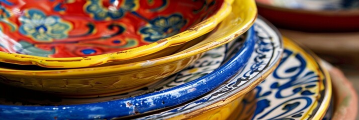 Wall Mural - Vibrant stack of colorful ceramic plates and bowls with intricate patterns, showcasing traditional Mediterranean or Middle Eastern design. Close-up view highlights rich details.