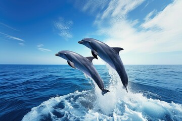 Wall Mural - dolphins soaring through sparkling blue sea