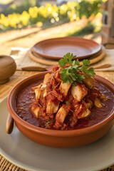 A rustic setting with a clay bowl containing a rich tomato-based sauce with meat chunks, garnished with fres