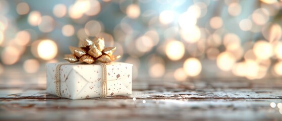 Poster - A beautifully wrapped gift box adorned with golden embellishments, set against a dreamy, softly blurred background of lights.