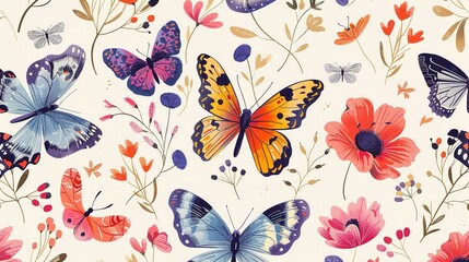 Wall Mural - Seamless pattern of colorful butterflies fluttering among blooming flowers 