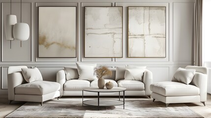 Modern living room with a set of two framed abstract paintings in beige and white tones.