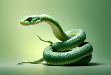 Wall Mural - green forest snake close-up, isolated on green background