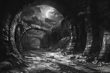 Wall Mural - Ancient moonlight illuminates crumbling gothic ruins of a forgotten city