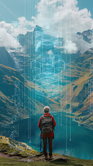 Hiker Exploring a Majestic Mountain Landscape With Digital Elements in Switzerland