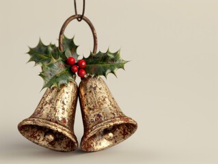 Wall Mural - A pair of antique bells adorned with holly leaves and berries, perfect for holiday decorations and festive celebrations.