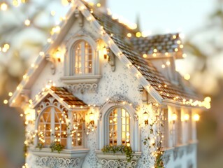 Wall Mural - Charming miniature house adorned with twinkling lights, creating a cozy and magical atmosphere, perfect for festive decor.