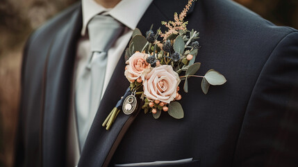 Wall Mural - Secret Love Blossoms: The Bride's Hidden Token in the Groom's Boutonniere