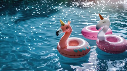 Two colorful unicorn pool floats resting on shimmering blue water, perfect for summer fun and relaxation.