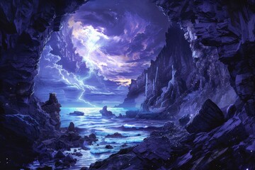 Wall Mural - Mystical Seascape with Towering Cliffs and a Distant Storm at Night