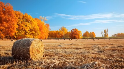 Poster - Vibrant Autumn Landscape with Rustic Hay Bales and Colorful Foliage in Pastoral Farm Scene