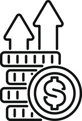 Sticker - Line art icon of stacks of coins increasing in value with up arrows for financial concepts