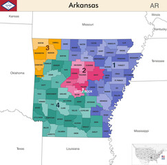 Wall Mural - Arkansas state map with counties borders and colored congressional districts boundaries due to The 2020 United States census and which is valid since 2023. Flag of Arkansas. Vector