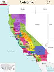 California state map with counties borders and colored congressional districts boundaries due to The 2020 United States census and which is valid since 2023. Flag of California. Vector