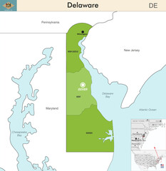 Wall Mural - Delaware state map with counties borders. Delaware's at-large congressional district. Flag of Delaware. Vector