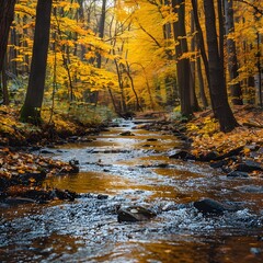 Poster - Vibrant Autumn Foliage and Serene Forest Stream in Peaceful Nature Scene