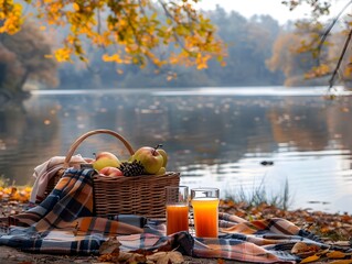 Canvas Print - Autumnal Lakeside Picnic with Cozy Blanket Basket and Warm Drinks Amid Vibrant Foliage