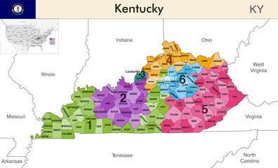 Wall Mural - Kentucky state map with counties borders and colored congressional districts boundaries due to The 2020 United States census and which is valid since 2023. Flag of Kentucky. Vector