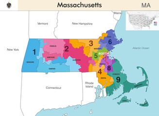 Wall Mural - Massachusetts state map with counties borders and colored congressional districts boundaries due to The 2020 United States census and which is valid since 2023. Flag of Massachusetts. Vector